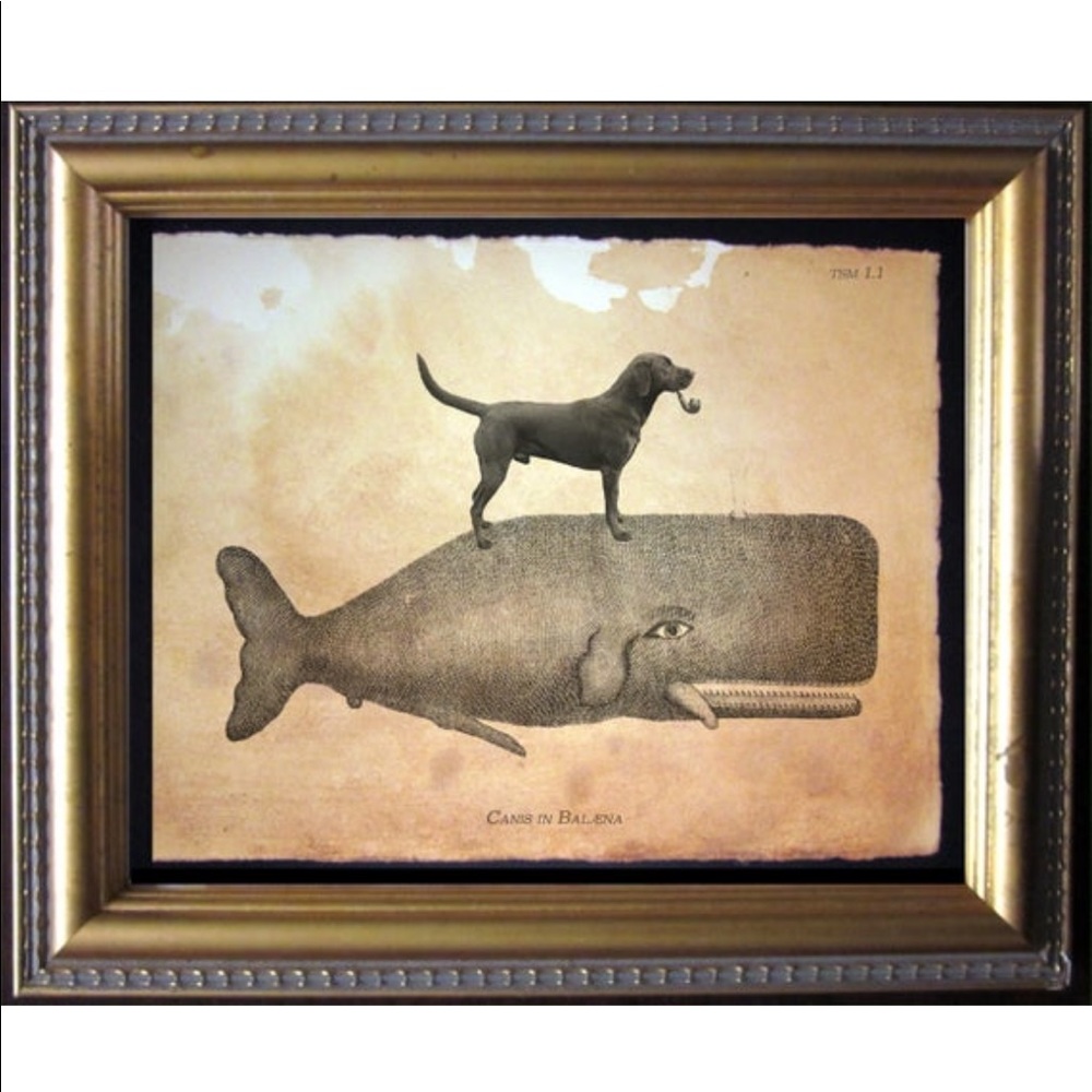 Black Lab Riding Whale Wall Art Print Tea Stained
